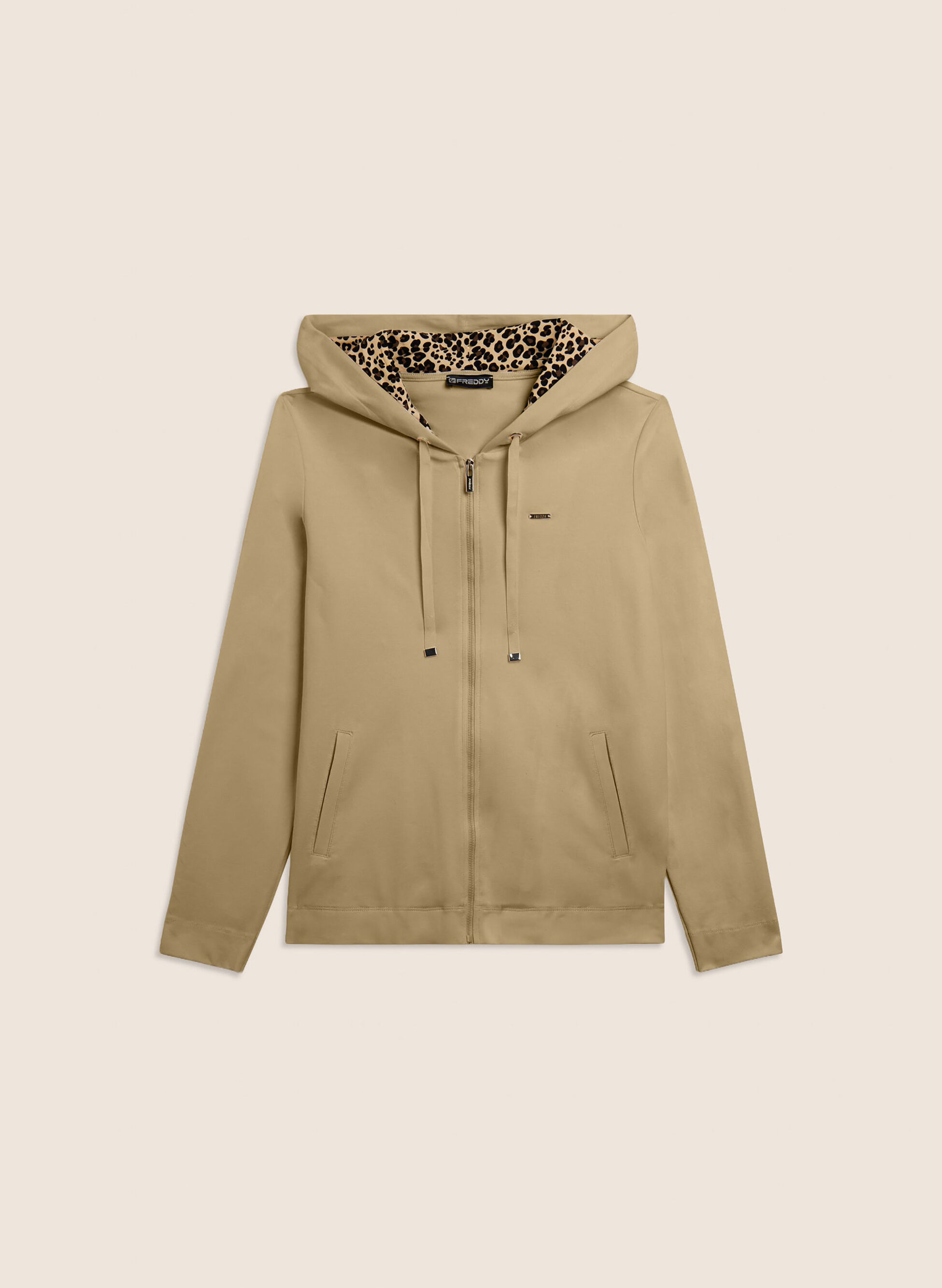 FELPA CON ZIP E CAPPUCCIO FODERA ANIMALIER